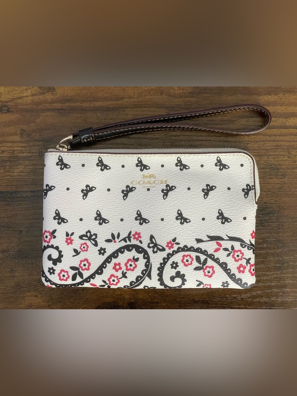 COACH Black & White Butterfly Bandana Corner Zip Wristlet